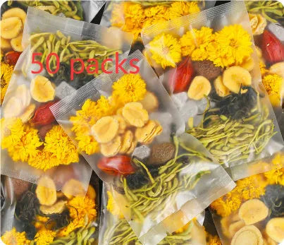 Box of honeysuckle chrysanthemum tea showing 150g net content and pack size options