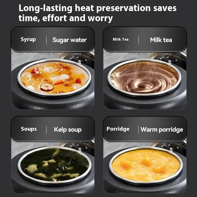 Black stainless steel 10-litre insulation pot with large cover for heat preservation.