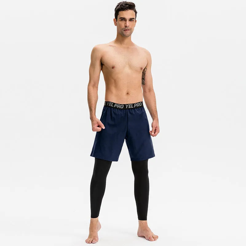Men's grey quick-drying high elastic tight pants for fitness and running sports.