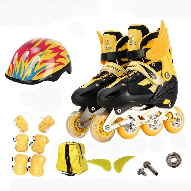 Children's adjustable inline skates in various colours with matching helmet, protective pads, and backpack.