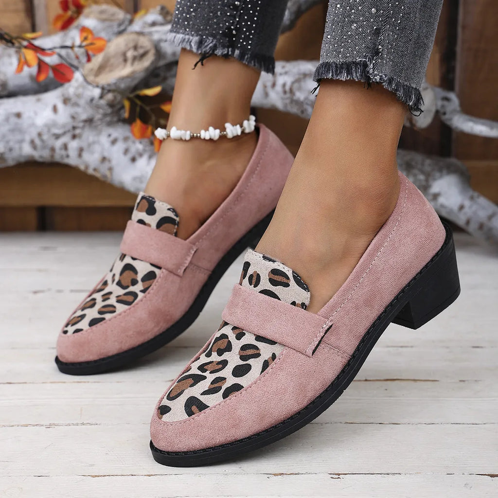 Leopard print slip-on suede shoes with chunky rubber sole and pointed toe design
