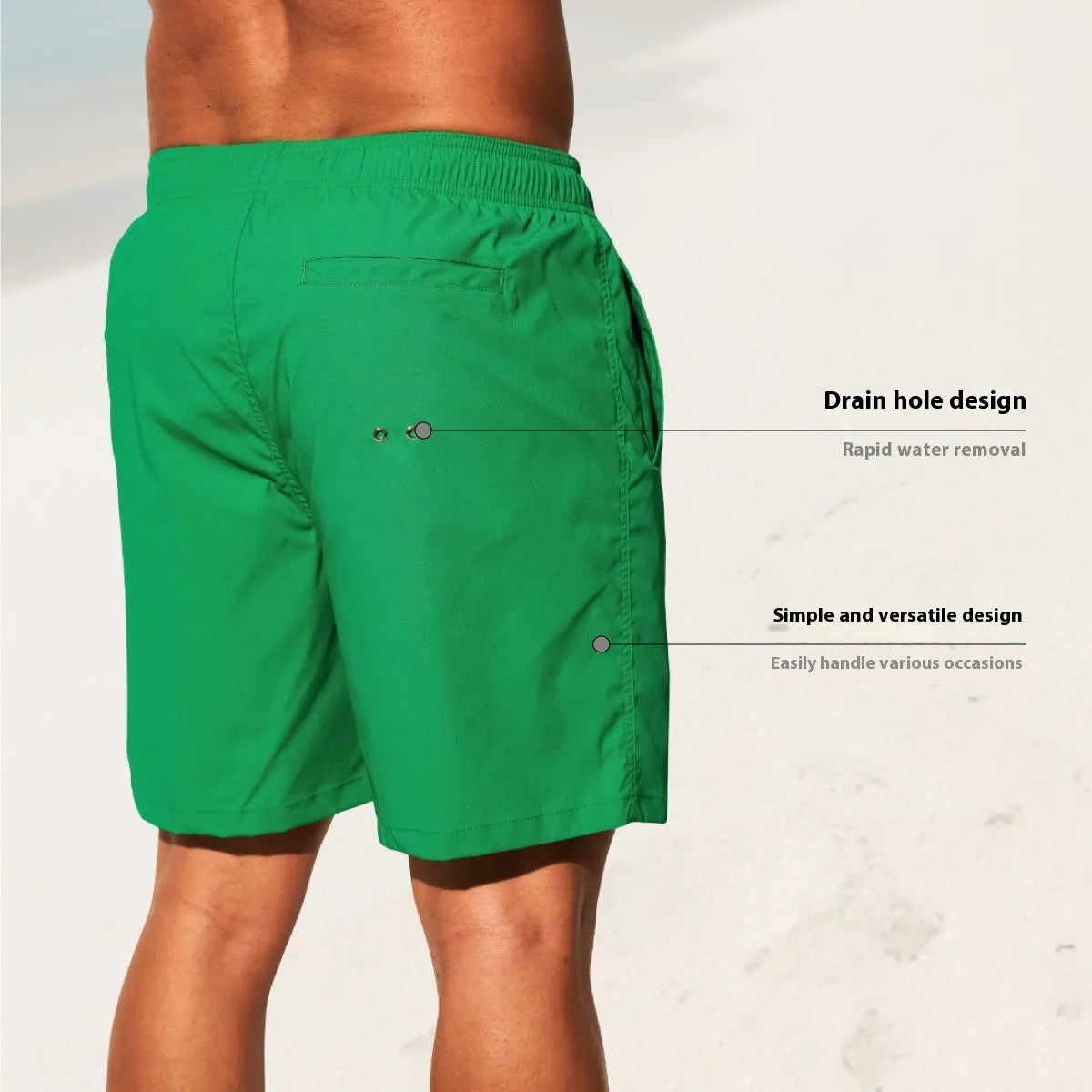 Men's quick-drying nylon shorts in solid colours with straight leg opening for beach and sports