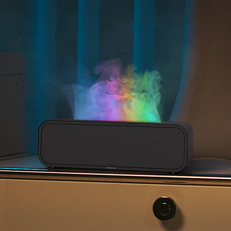 Black and white flame dynamic aroma diffuser with remote control on wooden table