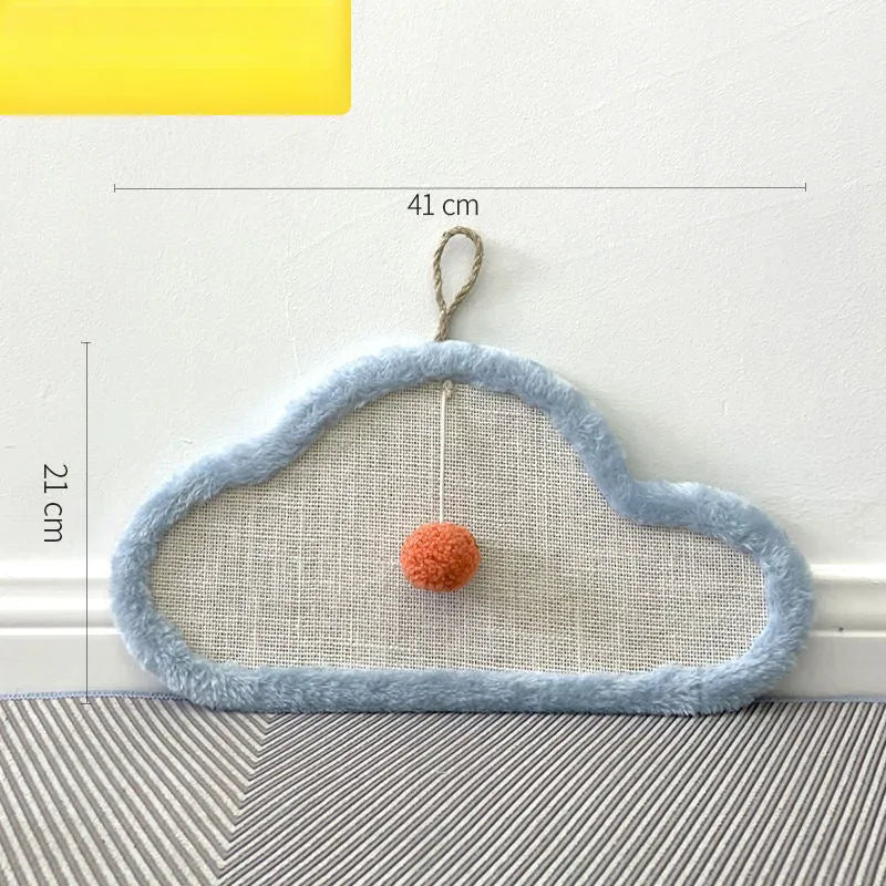 White cat scratching mat with natural sisal surface and cartoon sleeping cat design, wall-mounted