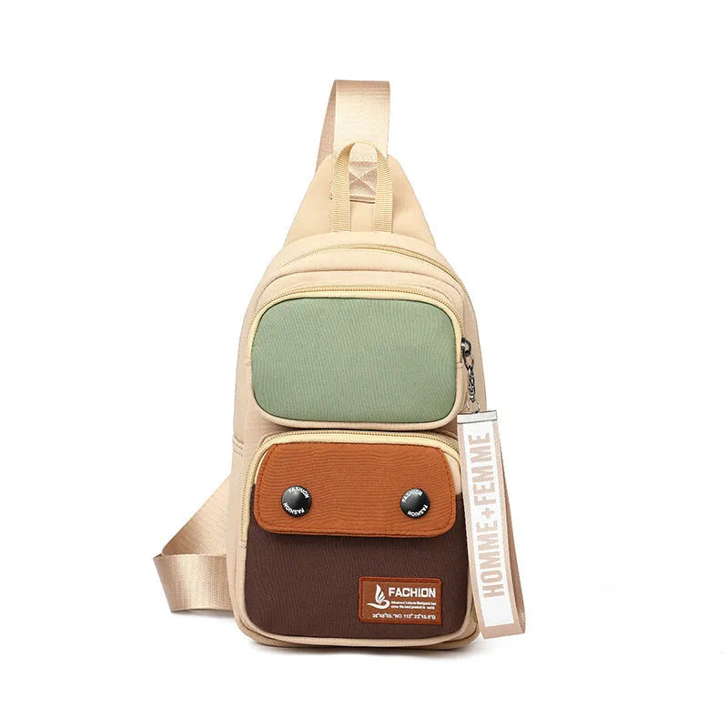 Black nylon crossbody shoulder bag with beige contrast stitching and multiple storage compartments