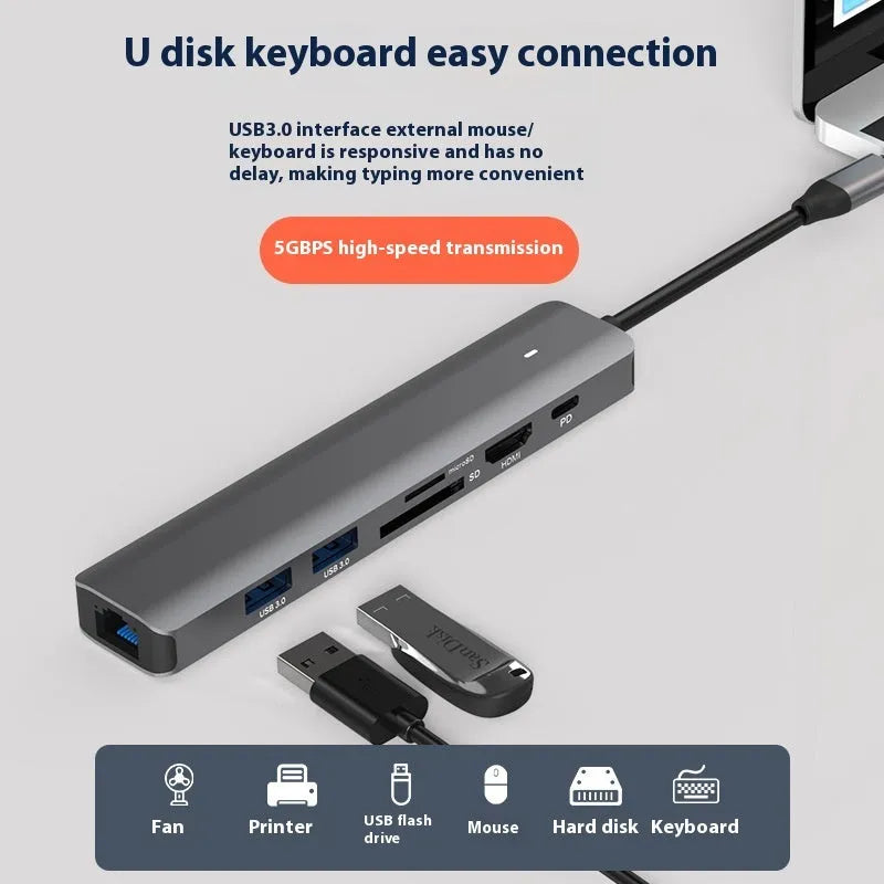 USB-C to 7-port card reader hub with SD and TF slots and PD charging port