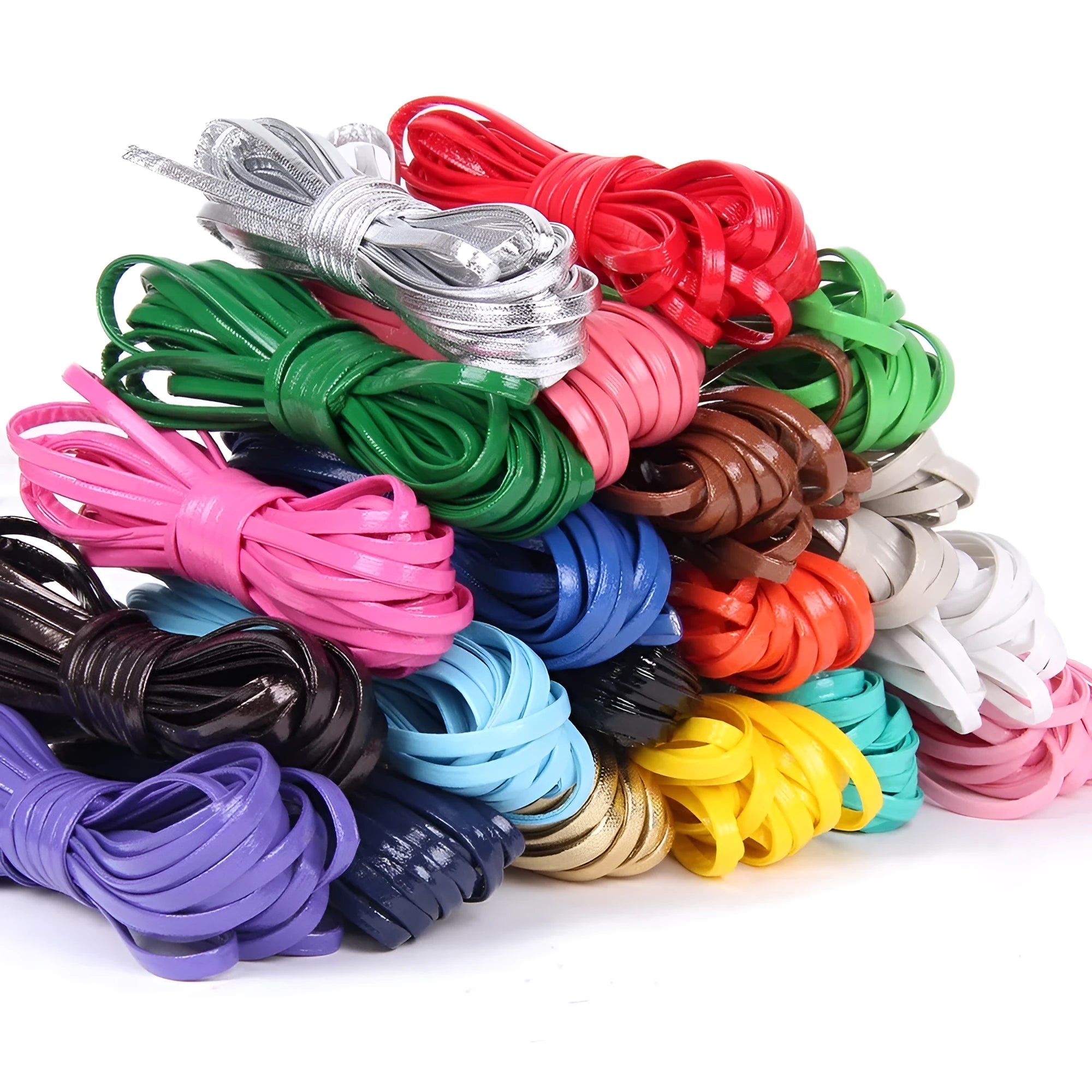 Rolls of soft PU leather weaving cord in various colours and widths for craft projects.