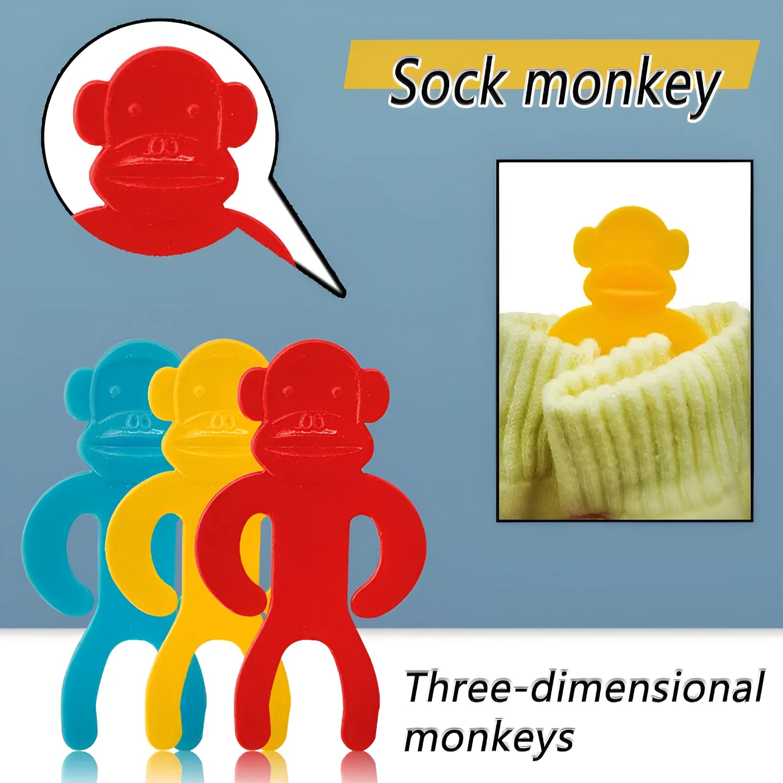 Plastic socks storage clips in blue, yellow and red colours for keeping sock pairs together during machine washing