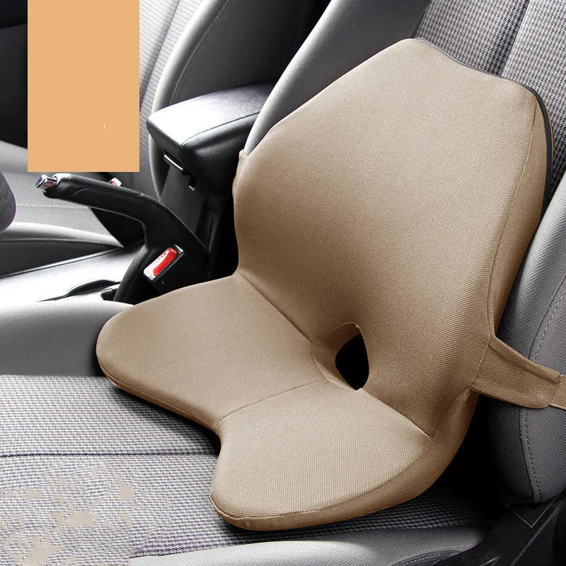 Car memory foam waist cushion with optional headrest in neutral colours for lumbar support while driving