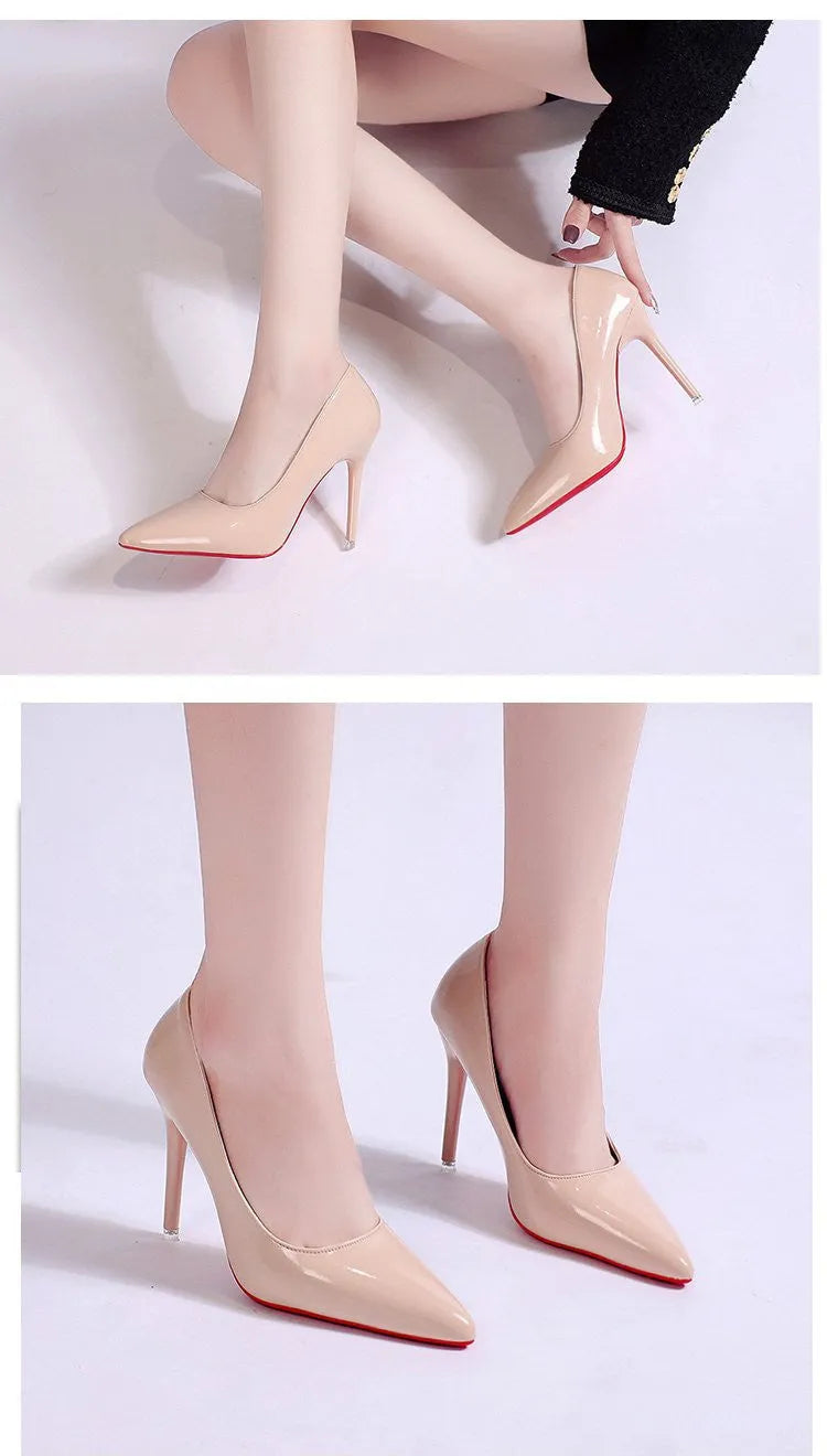 Women's solid colour pointed toe stiletto heel pumps on a white background.