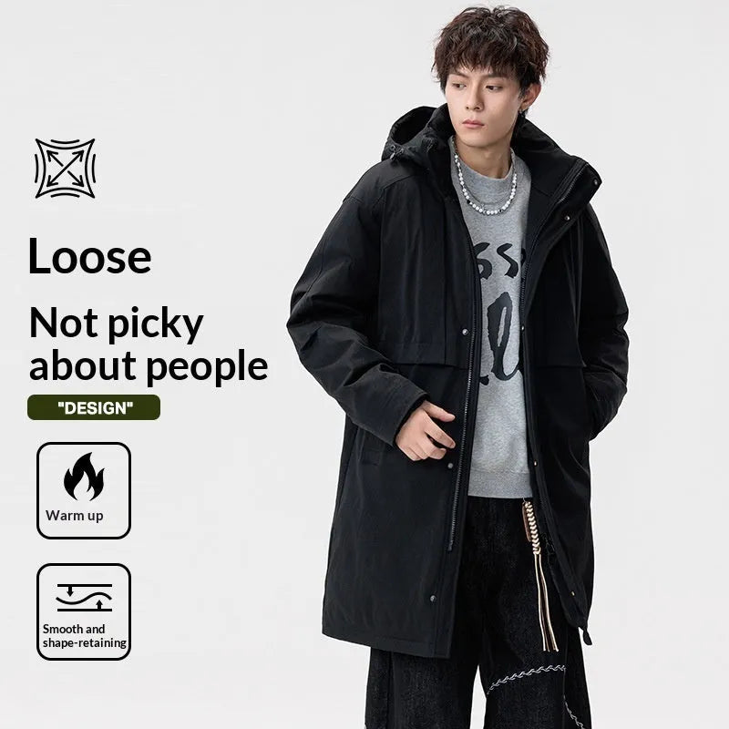 Men's loose fit windproof thickened polyester fibre winter coat in army green, front view with side pockets