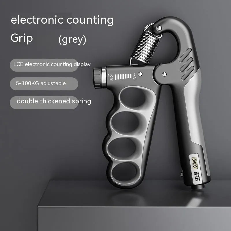 Adjustable spring grip hand exerciser with electronic counter display in orange colour