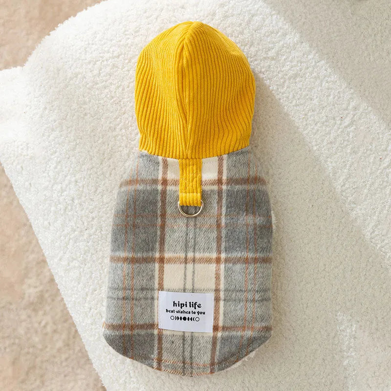 Blue chessboard grid corduroy hooded vest for small dog with traction hood design