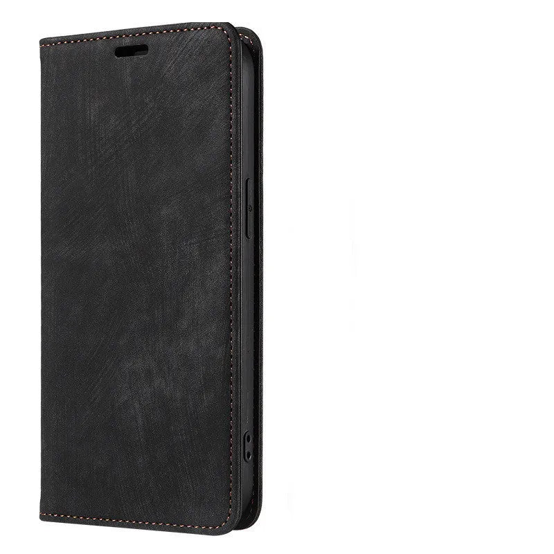 Magnetic flip leather phone case for iPhone in various solid colours, shown open and closed.