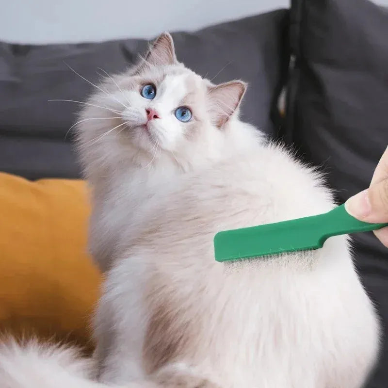 Green plastic handle stainless steel pet flea comb for dogs and cats on a white background.
