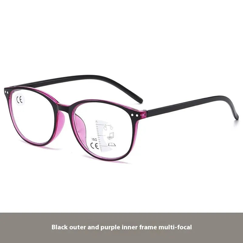 Ultra-light metal frame multi-focus presbyopic glasses for women in a champagne box colour.