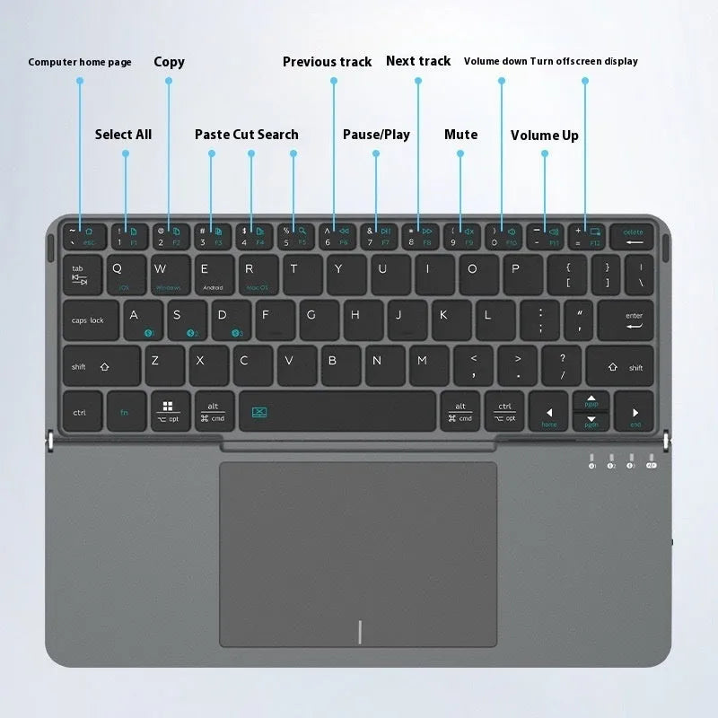 Grey folding Bluetooth keyboard for phablet and tablet devices showing compact folded position