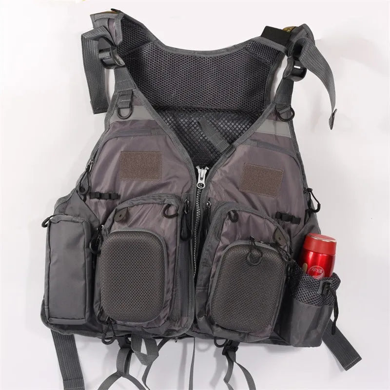 Grey fishing life jacket safety vest with multiple chest pockets and adjustable straps on mannequin