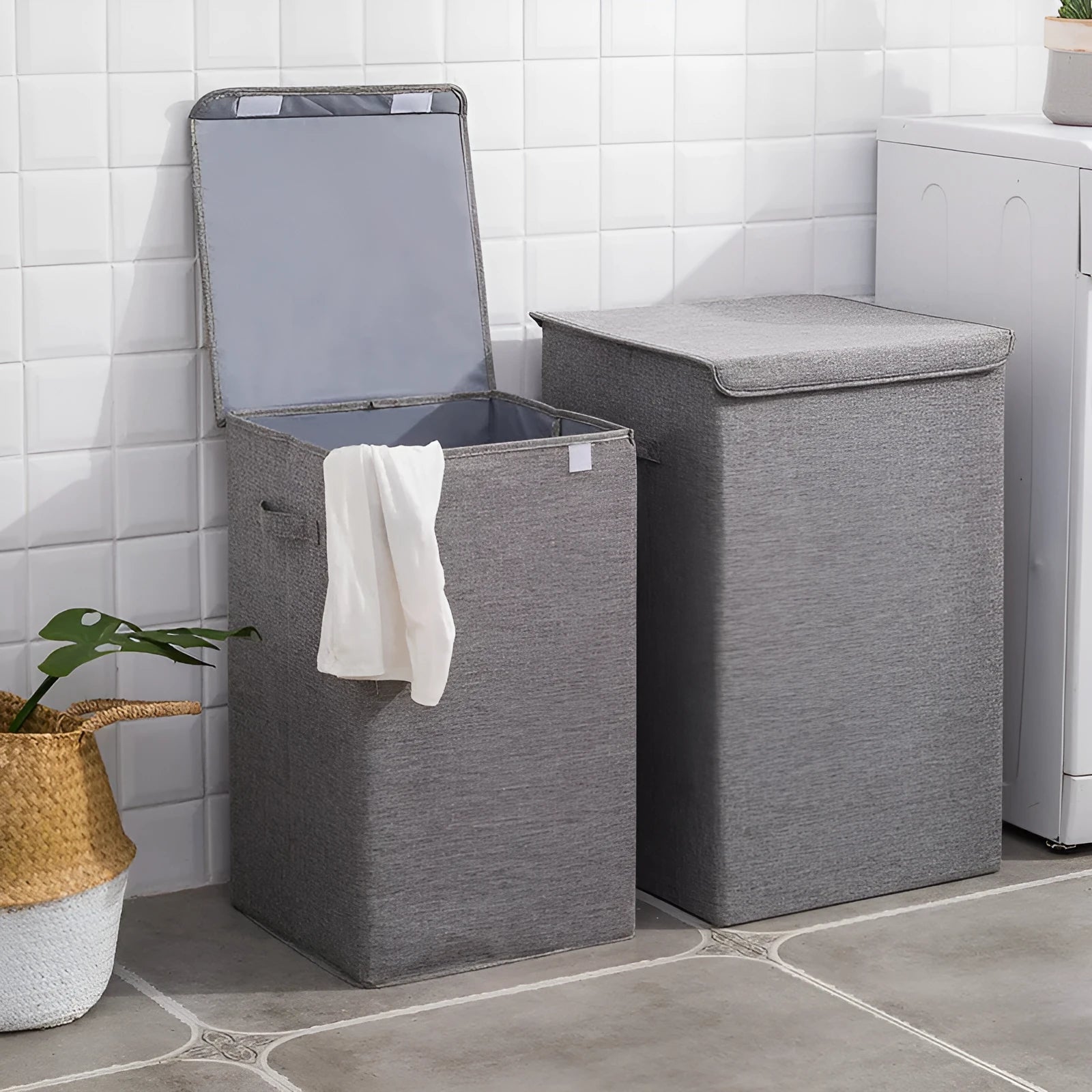 Three-dimensional foldable cotton linen storage basket in grey khaki or brown for clothes and books