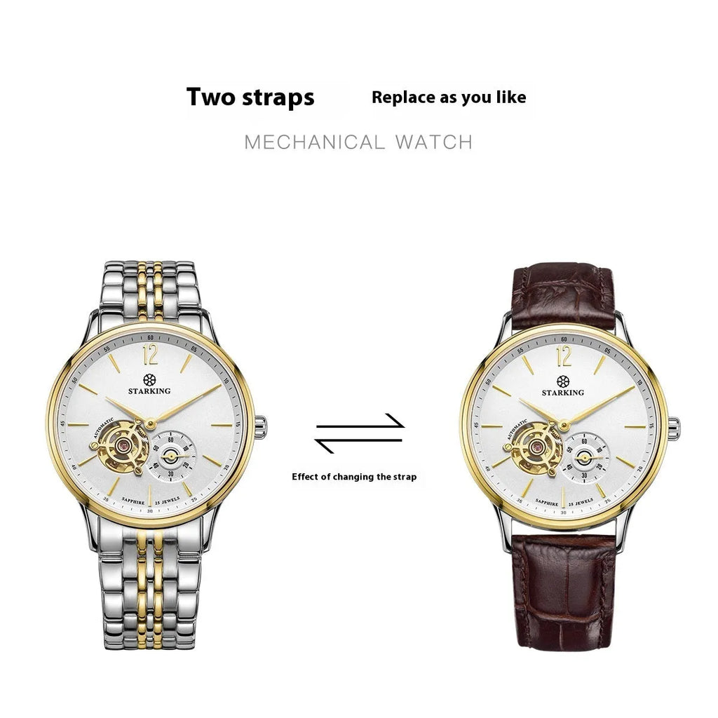 Men's automatic mechanical waterproof business watch with stainless steel case and brown leather strap