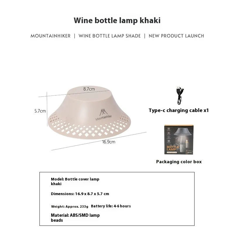 Camping lantern with wine bottle shade design in beige colour showing USB-C charging port