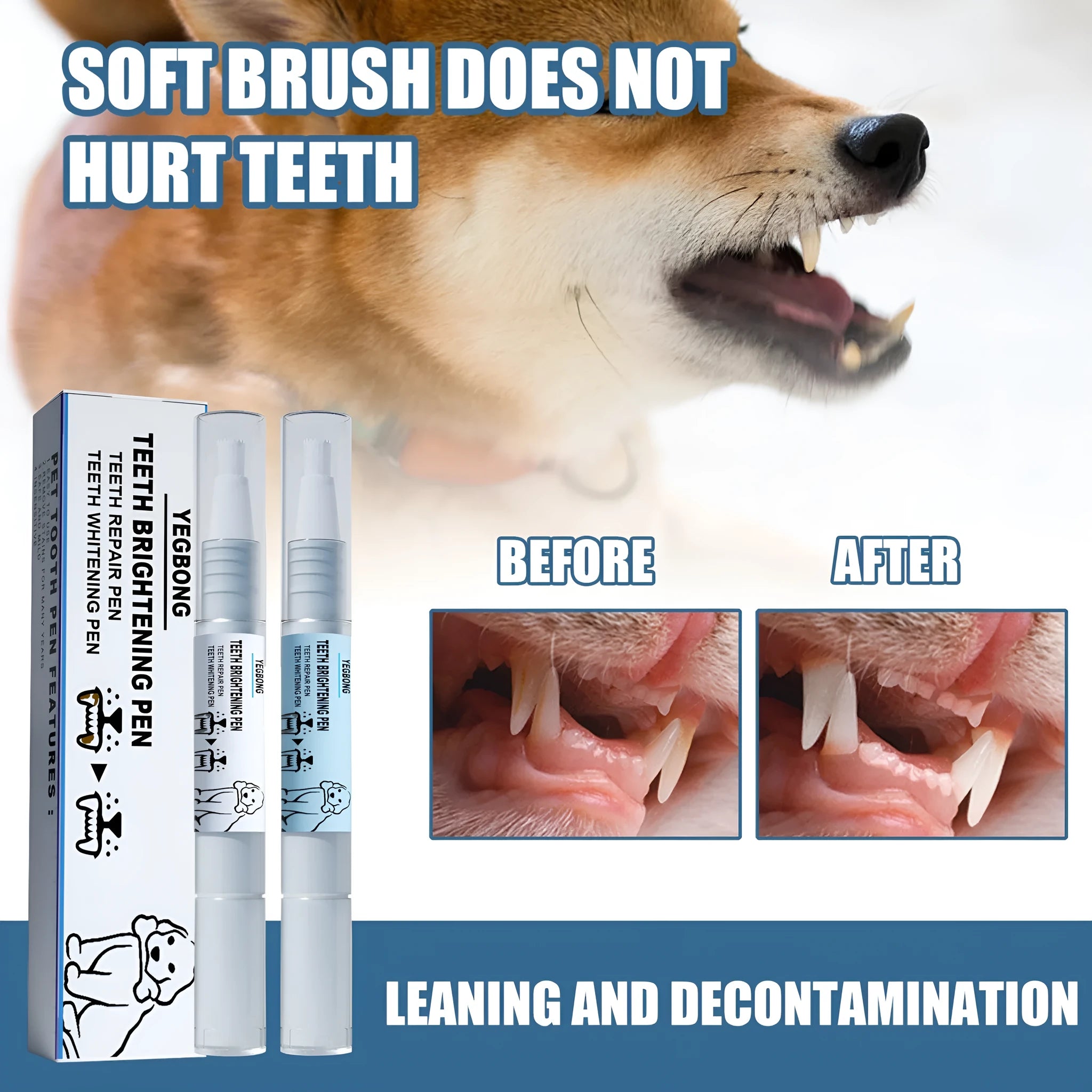 Pet teeth whitening pen set with two 3ml pens and dental brushes for dog and cat dental care
