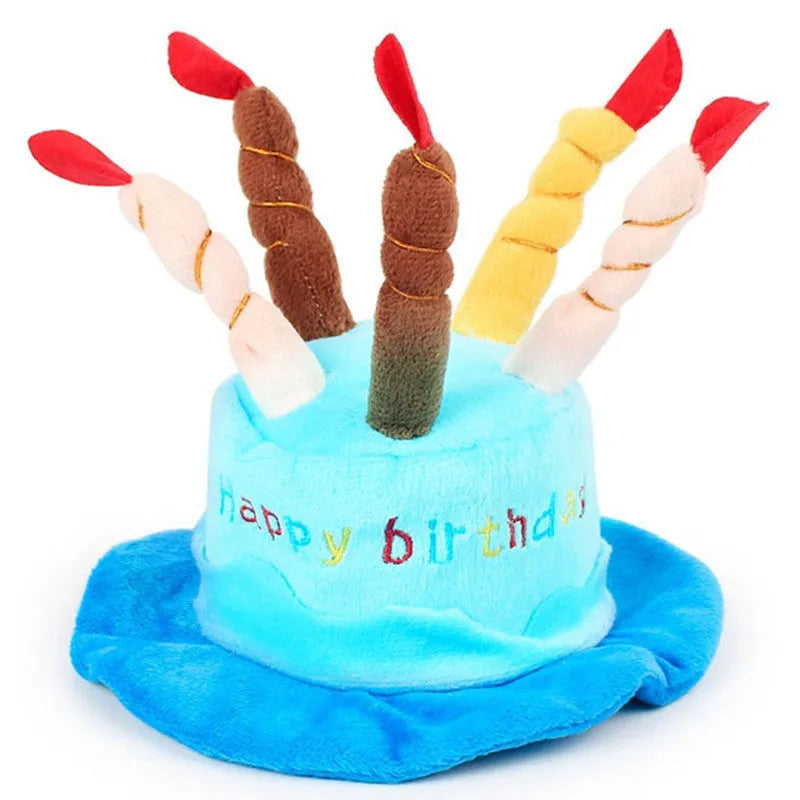 Blue and pink dog birthday hats showing dimensions of 21cm x 15cm x 6.5cm