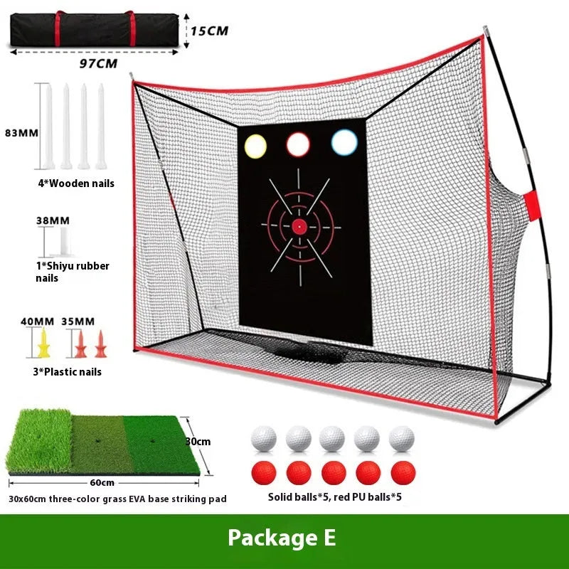 Golf swing wedge training net set with cross target, straw mat, and practice balls