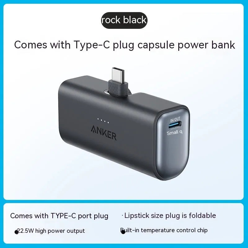 Compact capsule-shaped power bank in five colours with a foldable Type-C cable attached