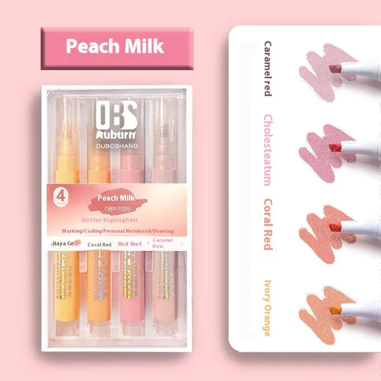 Set of four glitter highlighter pens with slanted tips showing six glitter ink colours including taro puff and mung bean smoothie