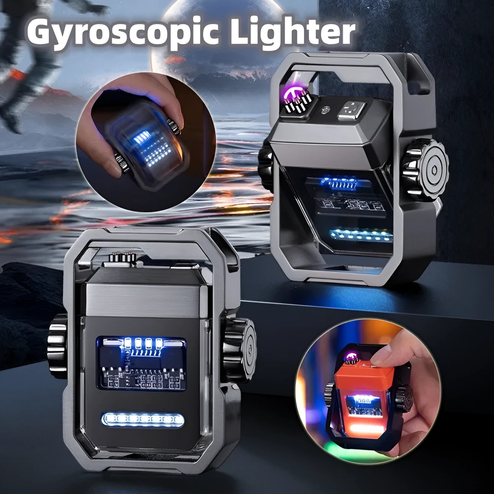 Blue double arc windproof electric lighter with mechanical gyroscope showing folded and open positions