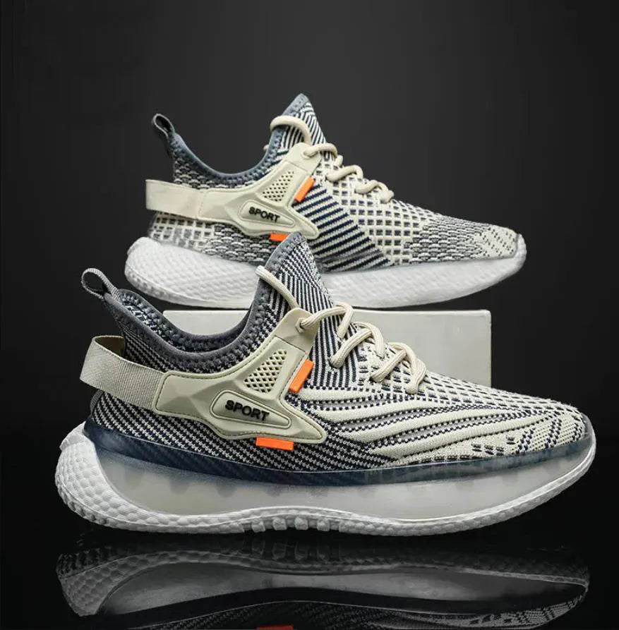 Men's white casual sneakers with woven mesh upper, platform rubber sole, and front lace-up closure.