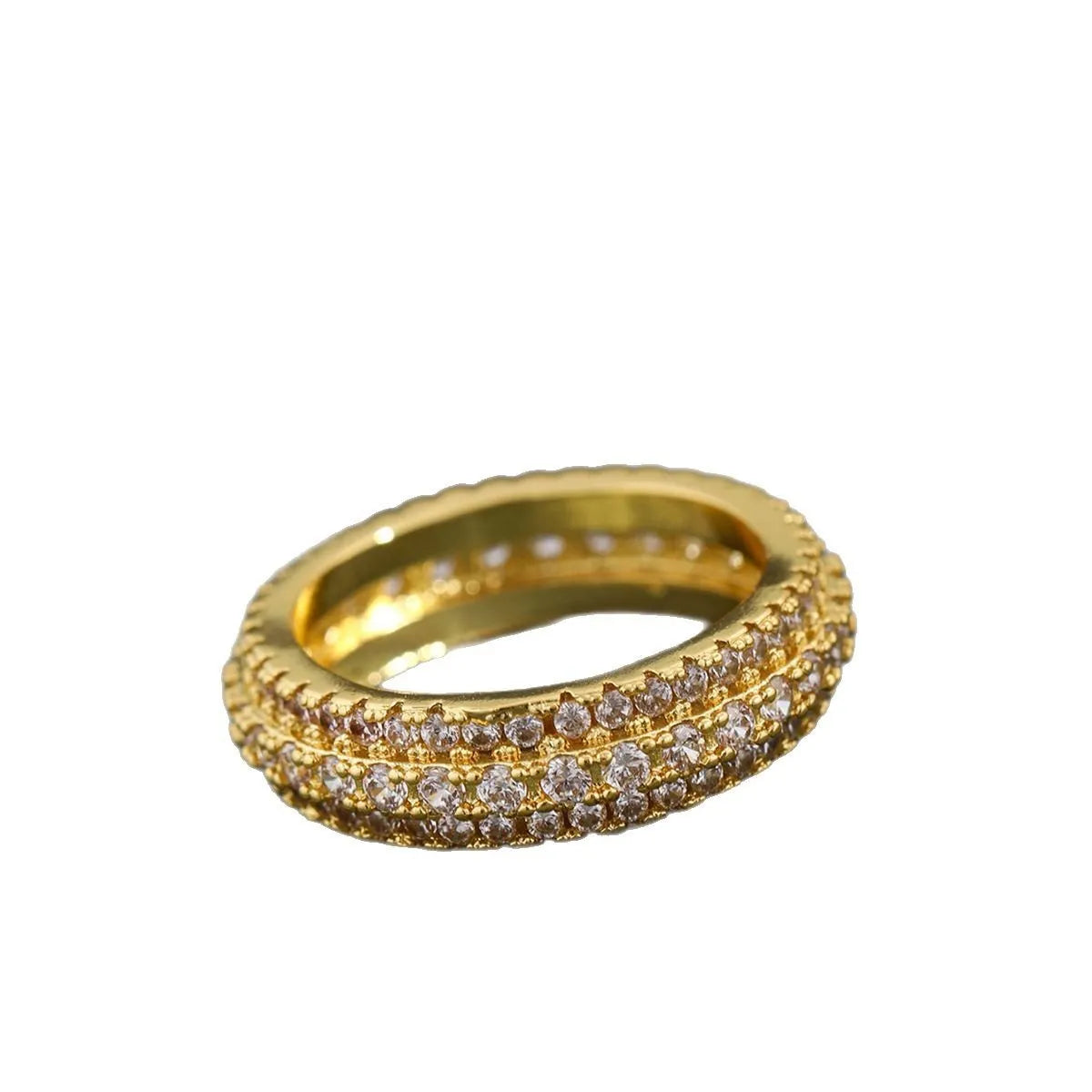 Geometric copper ring with triangular zircon inlay, shown in white gold plating.