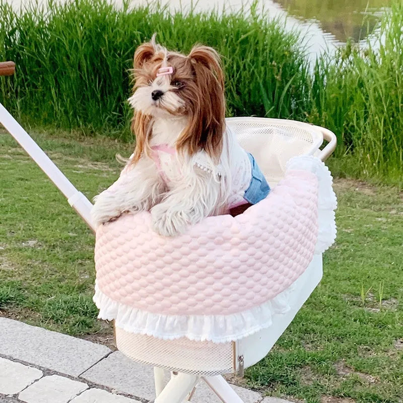 Pet stroller accessory set showing cotton anti-dirty towel, cushion, and pillow in a floral pattern.