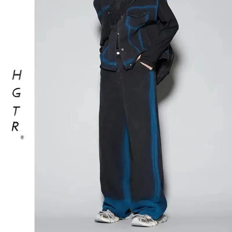 Blue distressed fleece-lined vest and jeans two-piece suit set on a hanger