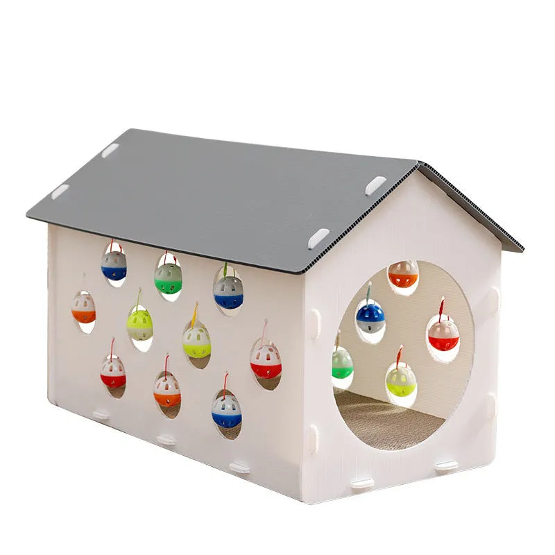 Plastic cat scratch board house with integrated nest bed, bell ball toy, and tunnel opening for indoor feline use