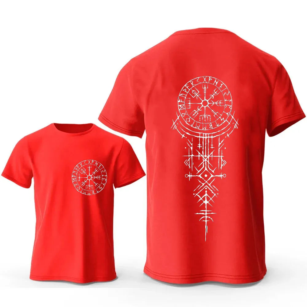 Men's grey T-shirt with a white Viking rune compass graphic on the chest