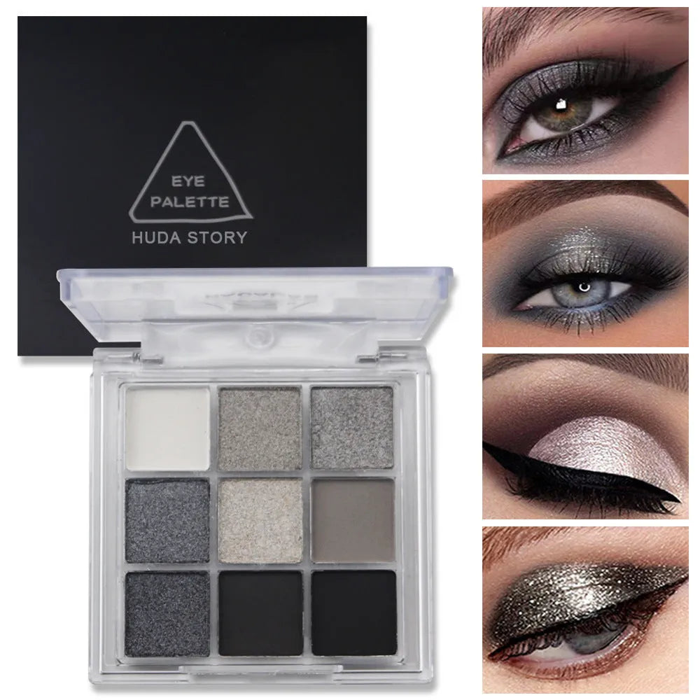 Smoked nine-colour eye shadow palette showing white, silver, black, and iron grey shades in CZ0069-9 compact