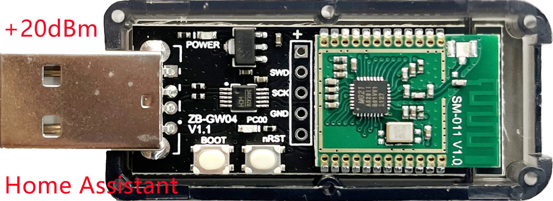 Silicon Labs EFR32MG21 Zigbee 3.0 USB dongle in plastic shell for smart home gateways.