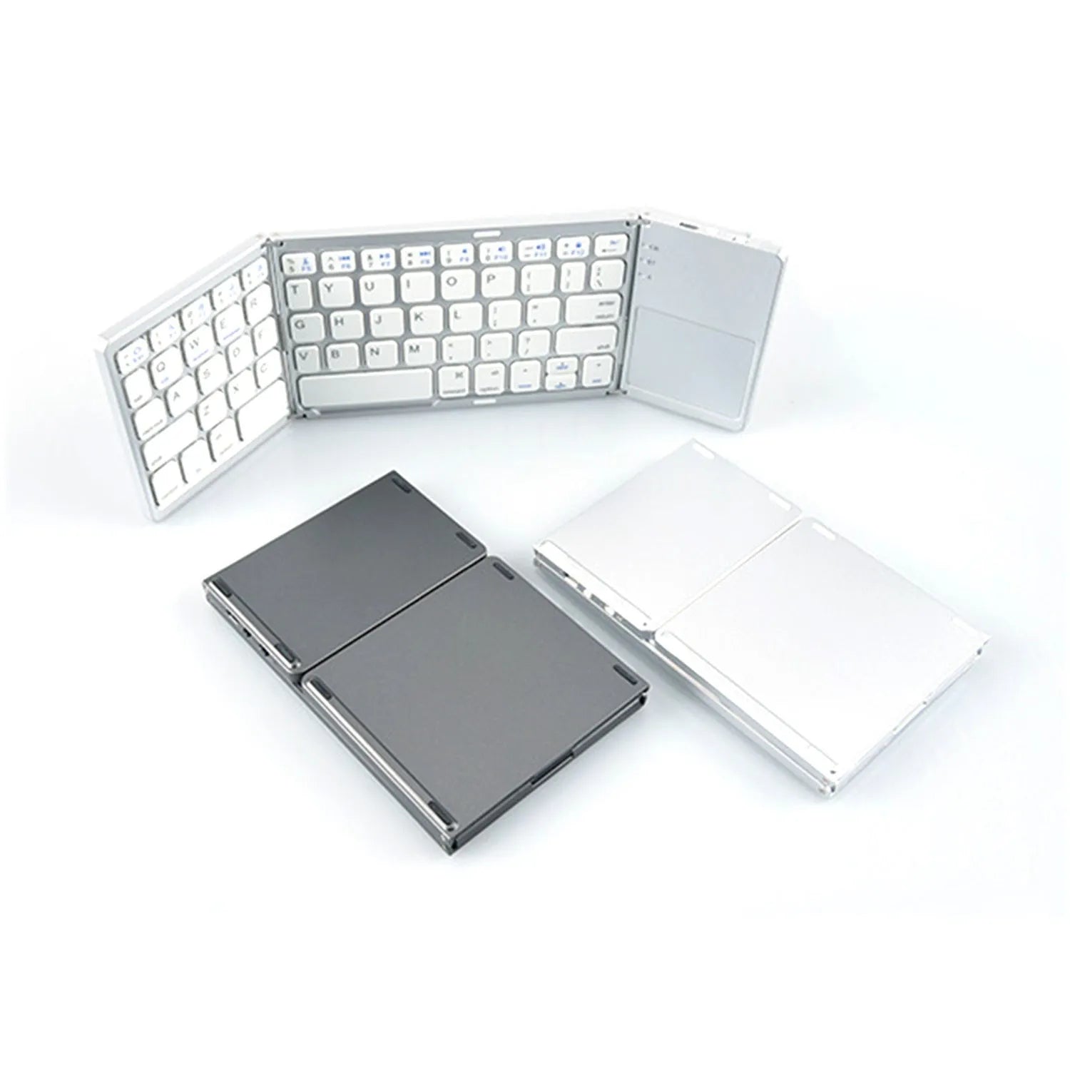 Mini tri-fold Bluetooth keyboard shown open and folded, with black and silver colour options