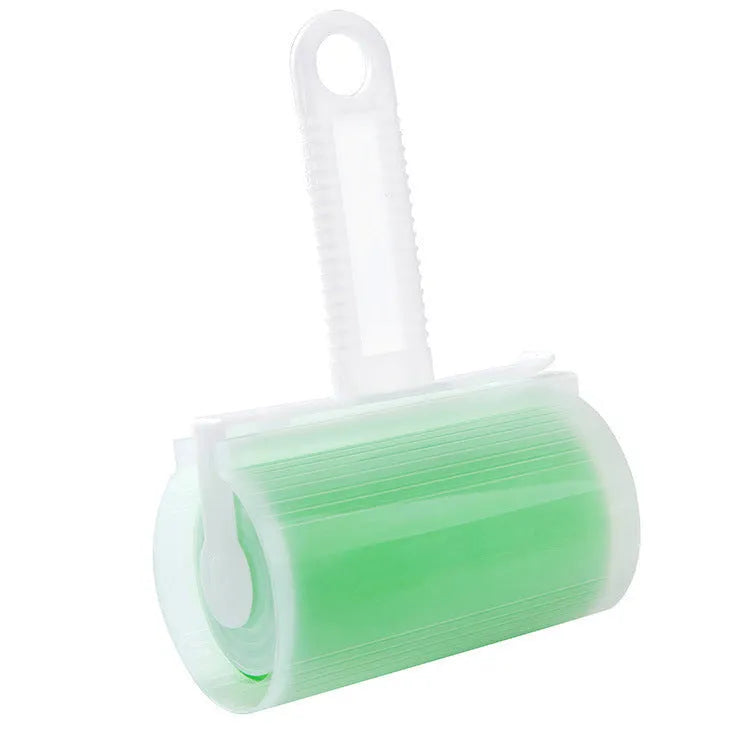 Reusable lint roller with cover in blue, green, pink, and yellow colours for removing pet hair from clothes and sofas