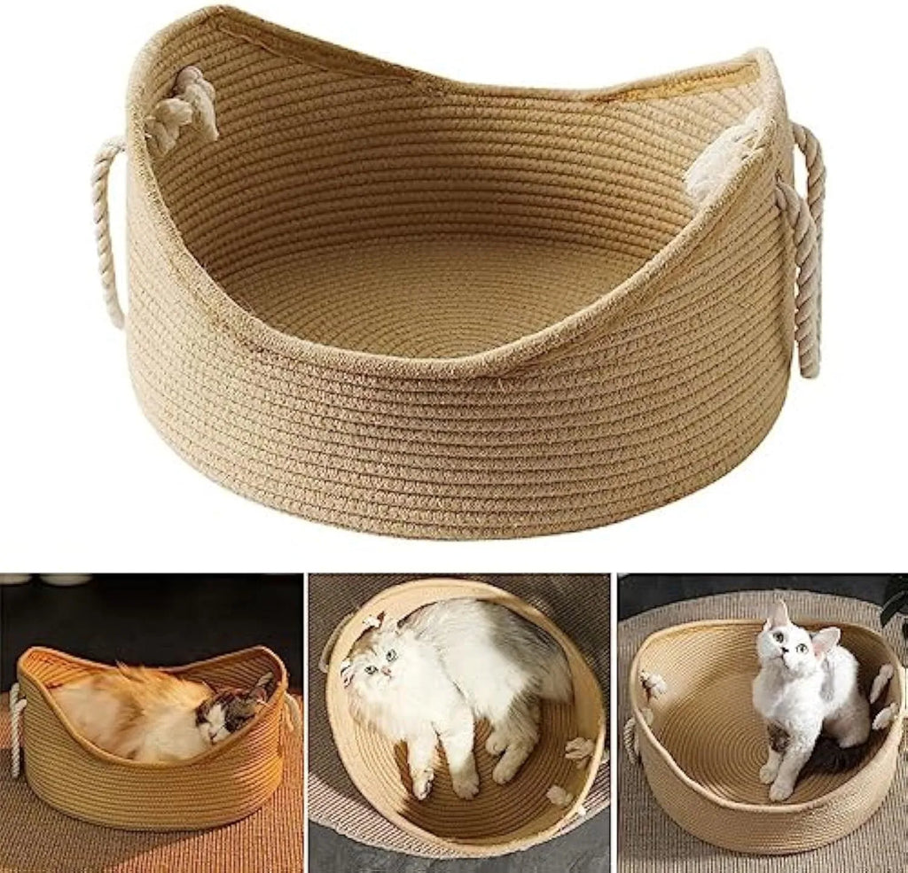 Wicker cat bed basket with corrugated scratching board in large and small sizes