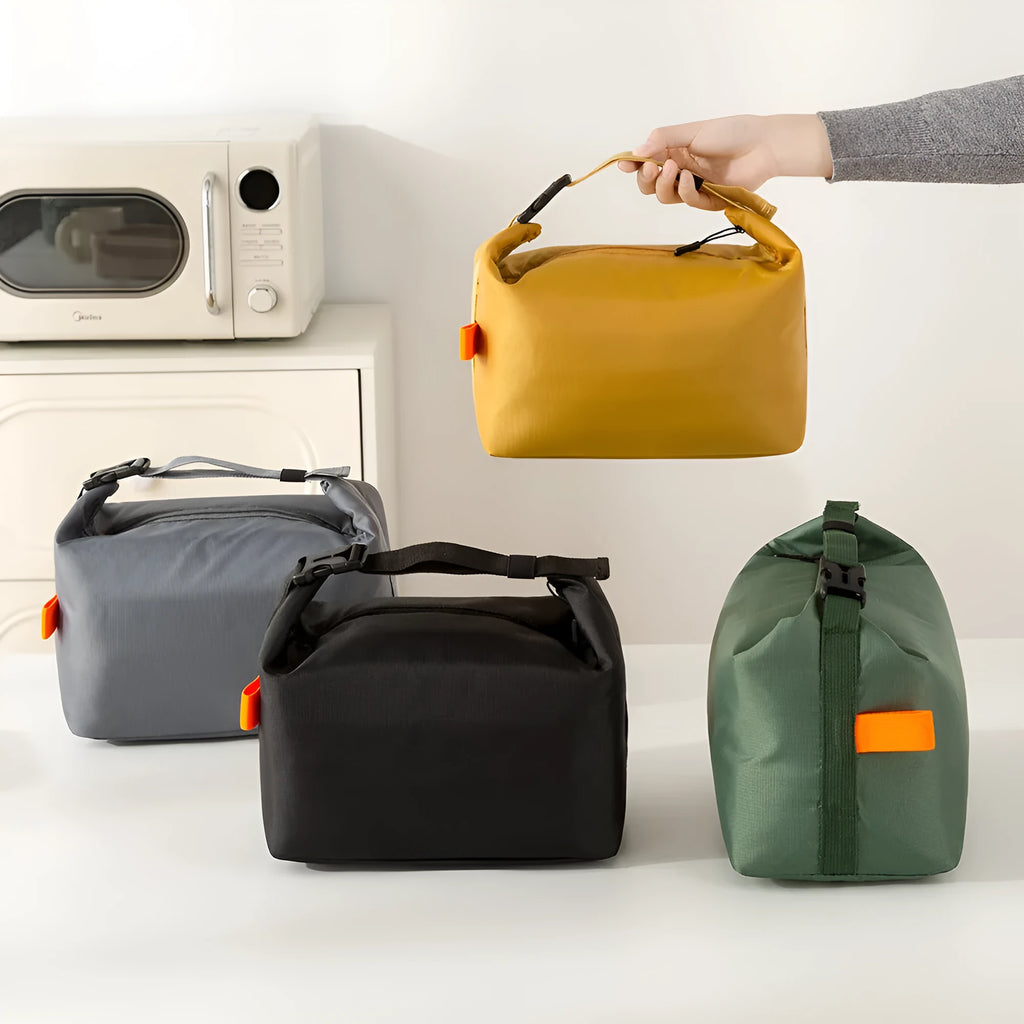 Japanese style insulated lunch bag in Army Green Oxford cloth with wide opening.