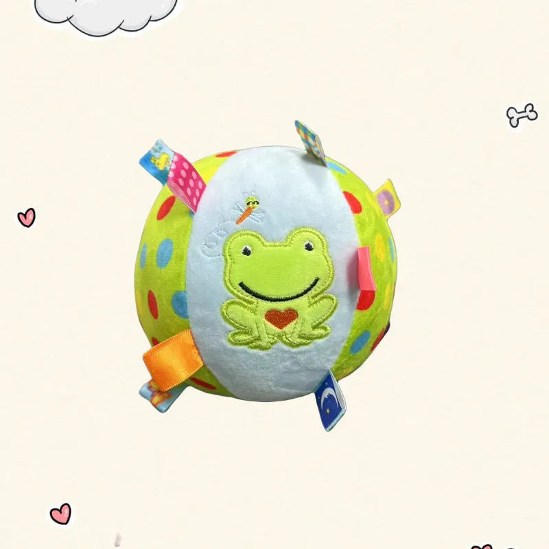 Plush dog sound ringing ball in frog pattern with built-in squeaker for interactive fetch and chew play