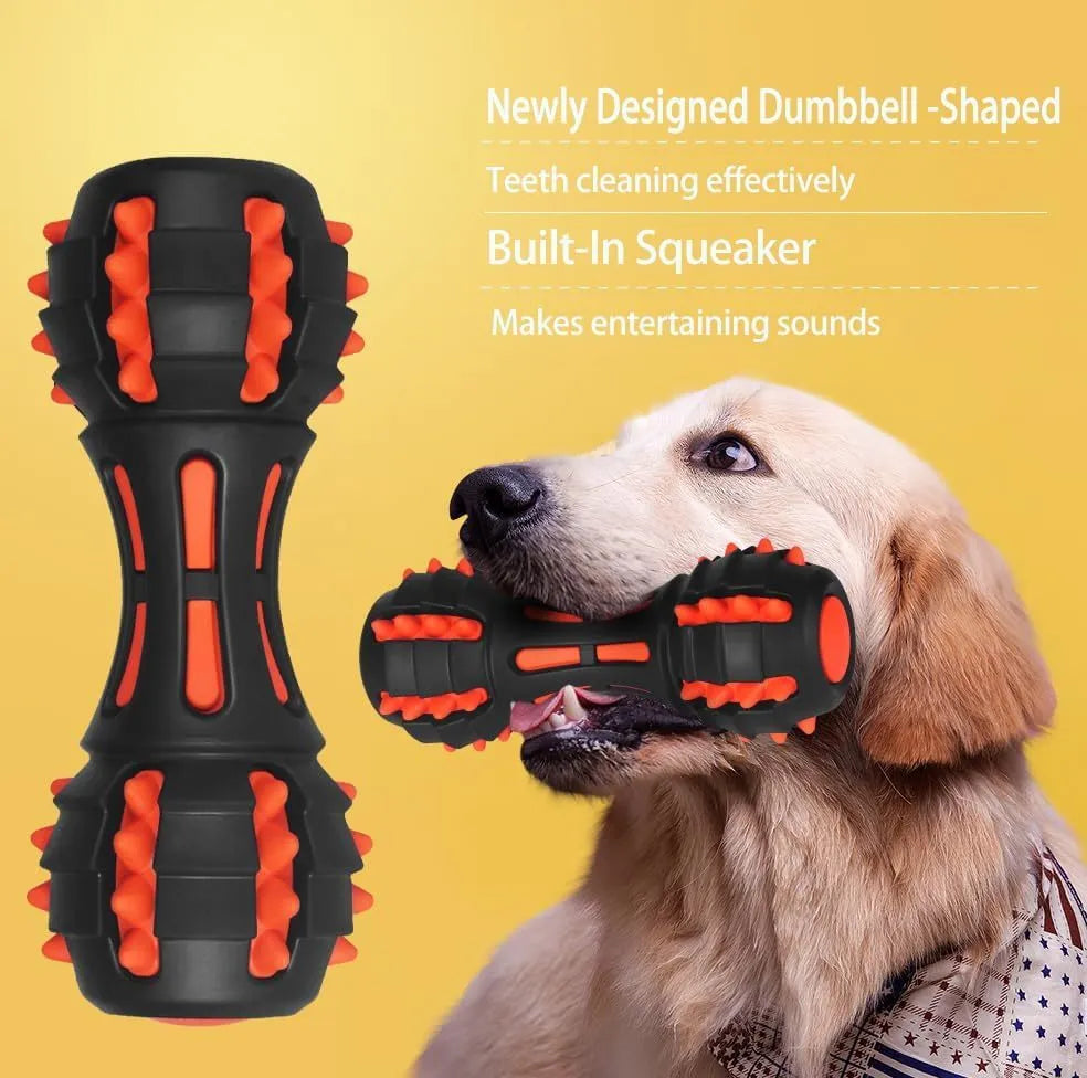 Red dumbbell-shaped natural rubber dog chew toy for aggressive chewers with double-layer construction