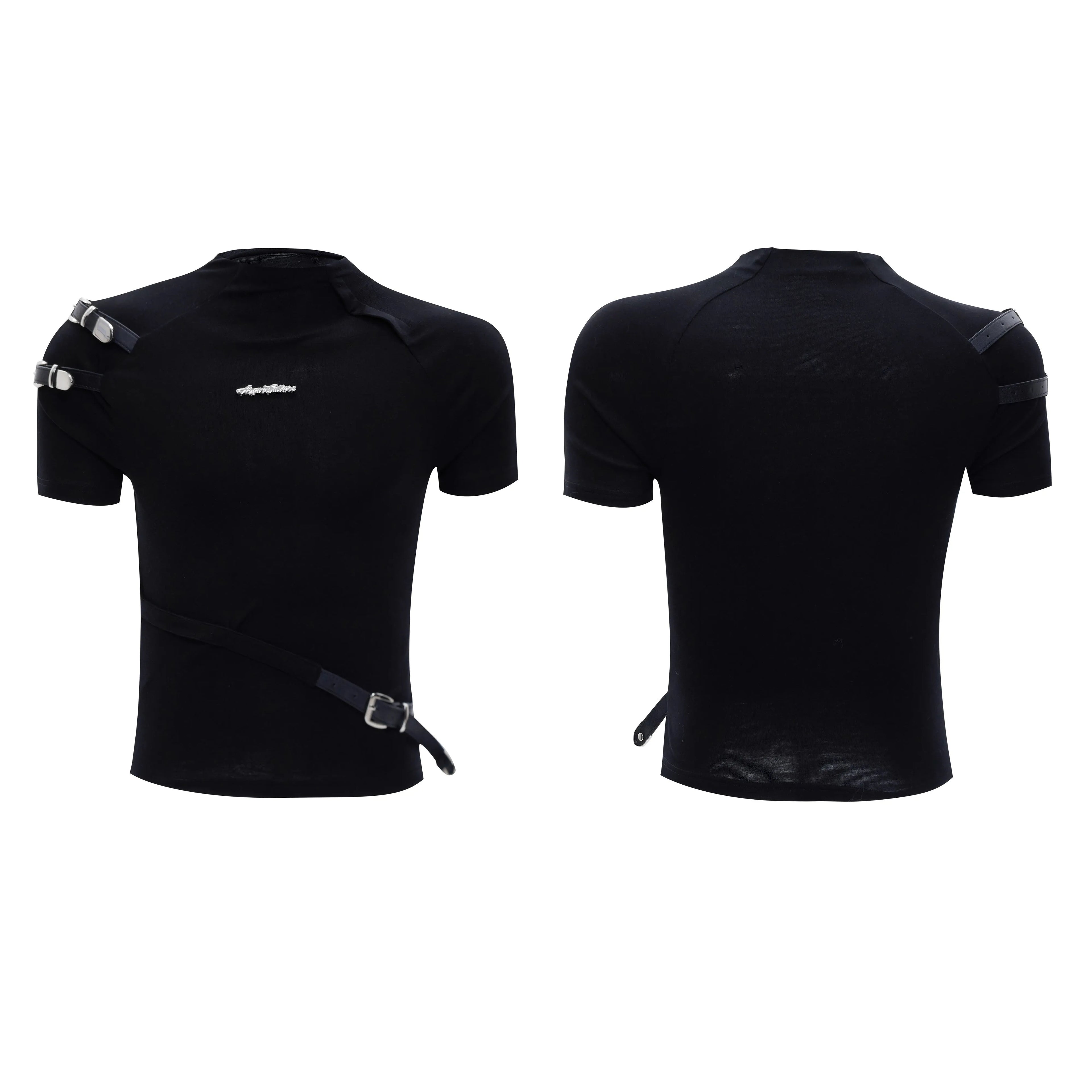 Men's black slim fit cotton shirt with metal belt design detail and stand-up collar