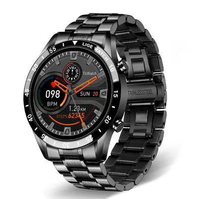 Smart watch with stainless steel band and 1.3-inch touch screen display showing step count