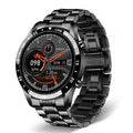 Smart watch with stainless steel band and 1.3-inch touch screen display showing step count