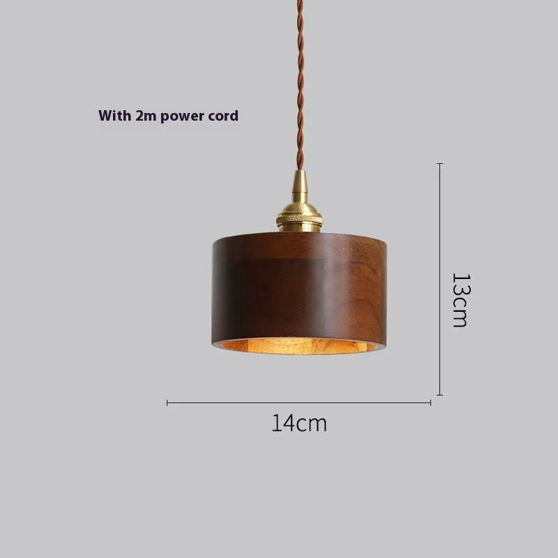 Black walnut finish single-head droplight chandelier with copper and wood art construction.