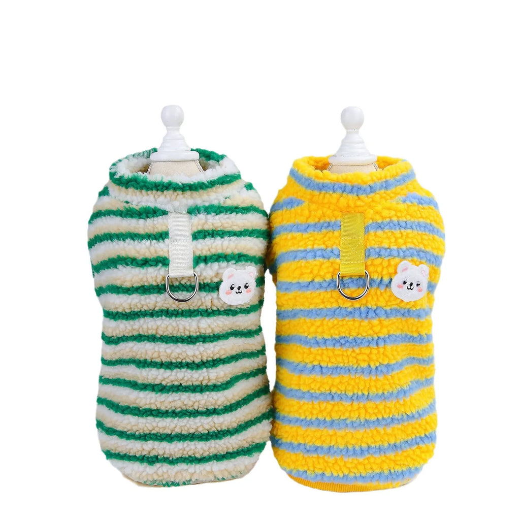 Thickened striped bear pet top in polar fluff, green colour, for dogs, casual style